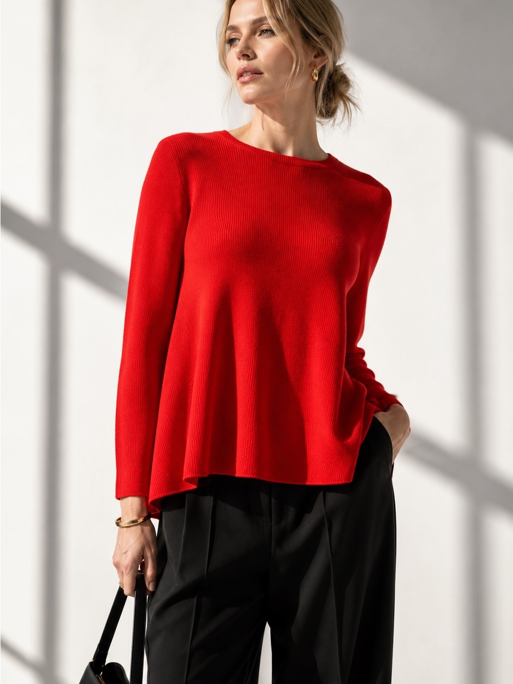 Vintage Donna Karan New York Red Rib Knit Swing Sweater Sz Small Made Italy